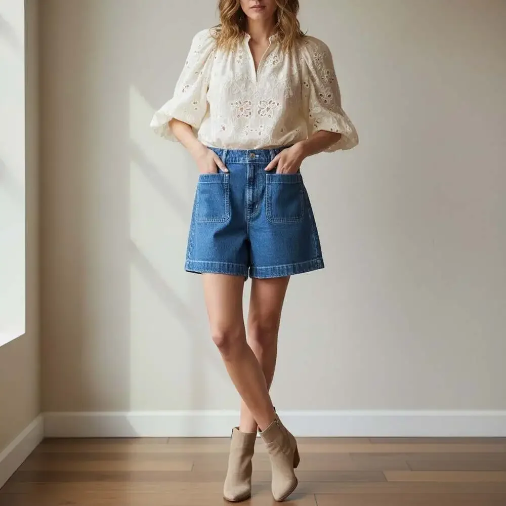 Madewell High-Rise Sailor Short Women 25 XS Blue Denim Patch Pocket Cuffed